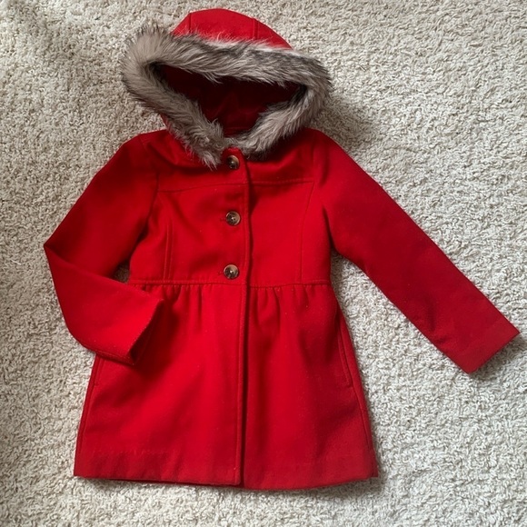 Crazy 8 elegant red faux fur hood pea coat size 5-6y winter fall pockets - Picture 1 of 7